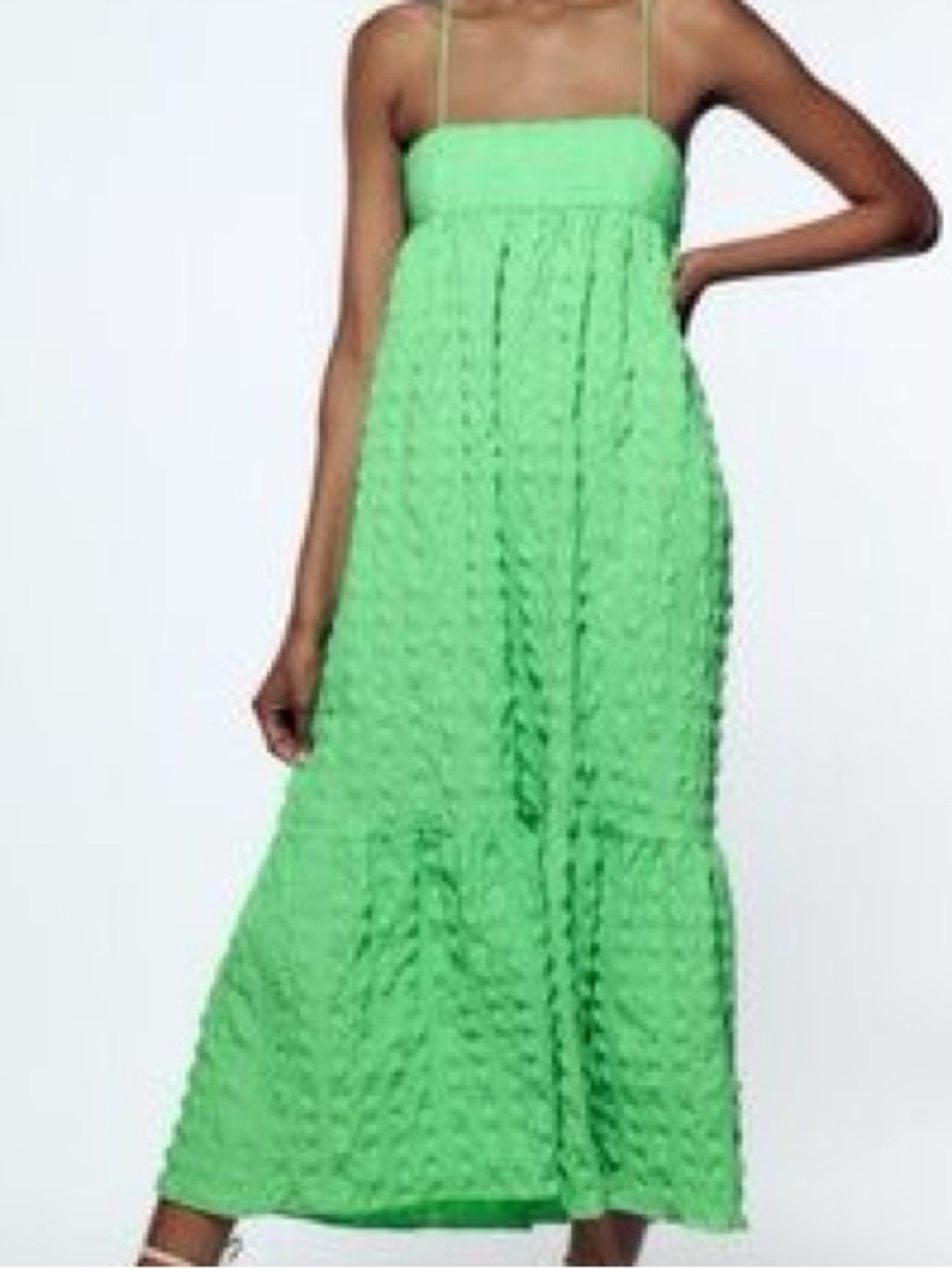 Zara Bright Green Crinkled Maxi Dress with Tie Straps NWOT